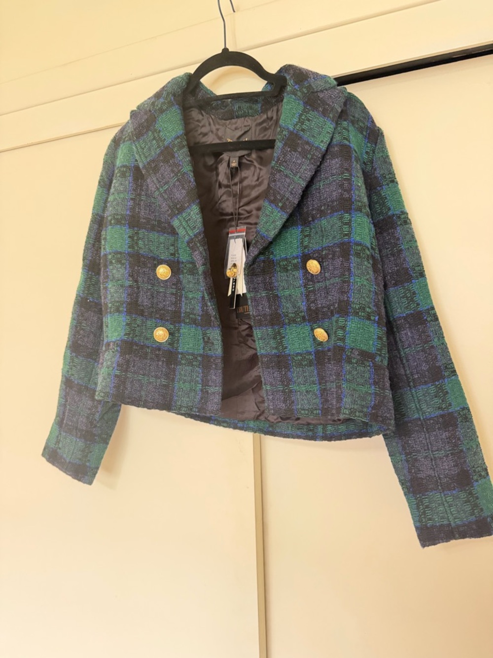 Cropped Double-Breasted Plaid Blazer with Hood - Green/Blue